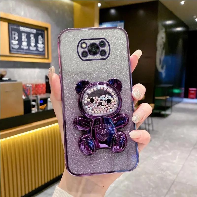 PocoX6 Pro Cute Bear Holder Bracket Glitter Plating Case On for Xiaomi Mi Poco X6 X3 X5 M6 M5 M5S M4 M3 F5 F3 F4 Pro Stand Cover