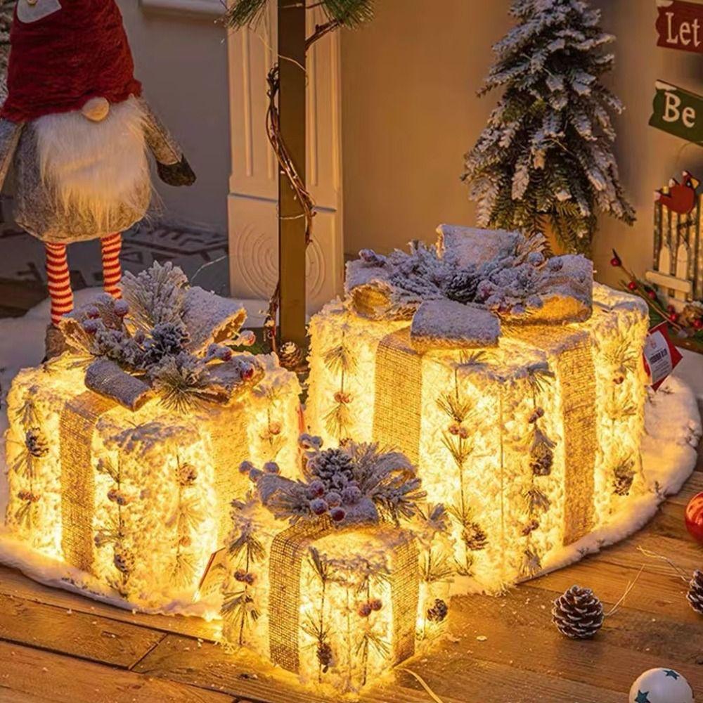 3pcs Plush Design Christmas Light Up Boxes Versatile Lighted Gift Boxes Outdoor Decor