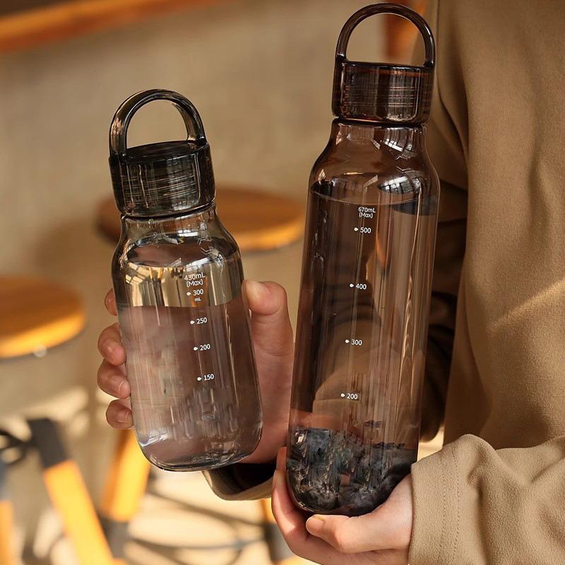 Transparent Leakproof Water Bottle 430Ml/670Ml Plastic Drink Bottle With Handle Wide Mouth Portable Drinking Bottle With Scale
