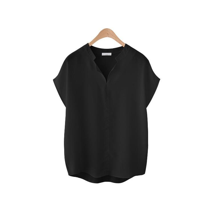 

QICED Свободная футболка с коротким рукавом женская блузка однотонная шифоновая рубашка простая рубашка со стоячим воротником женская XXXXXL чёрный