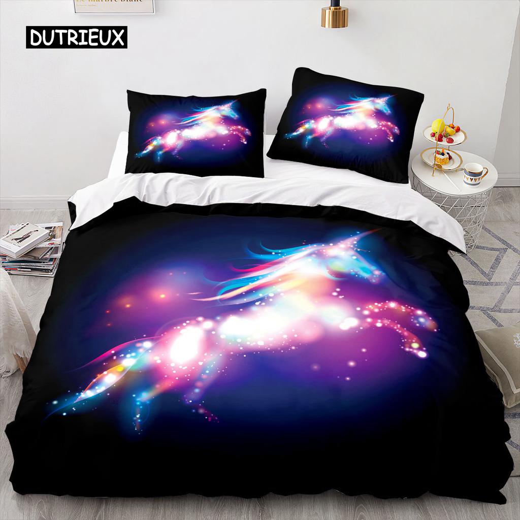 Cartoon Horse Duvet Cover 3D Anime Bedding Set for Kids Girls Soft Microfiber Quilt Cover with Zipper Closure
