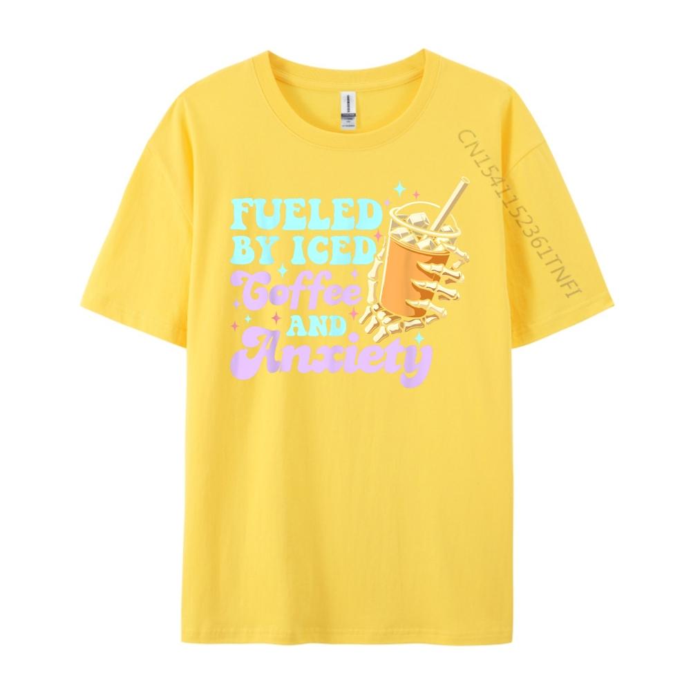 Fueled By Iced Coffee And Anxiety Coffee Lover Mens Designer T Shirt Male High Quality T Shirt for Men Printed
