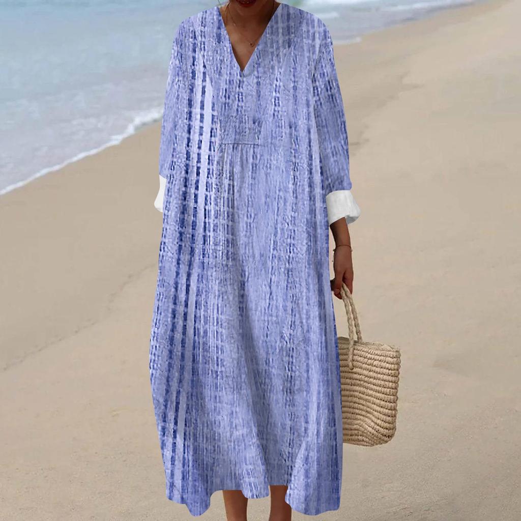 Women's Casual Fashion V-Neck Long Sleeve Floral Print Maxi Dress