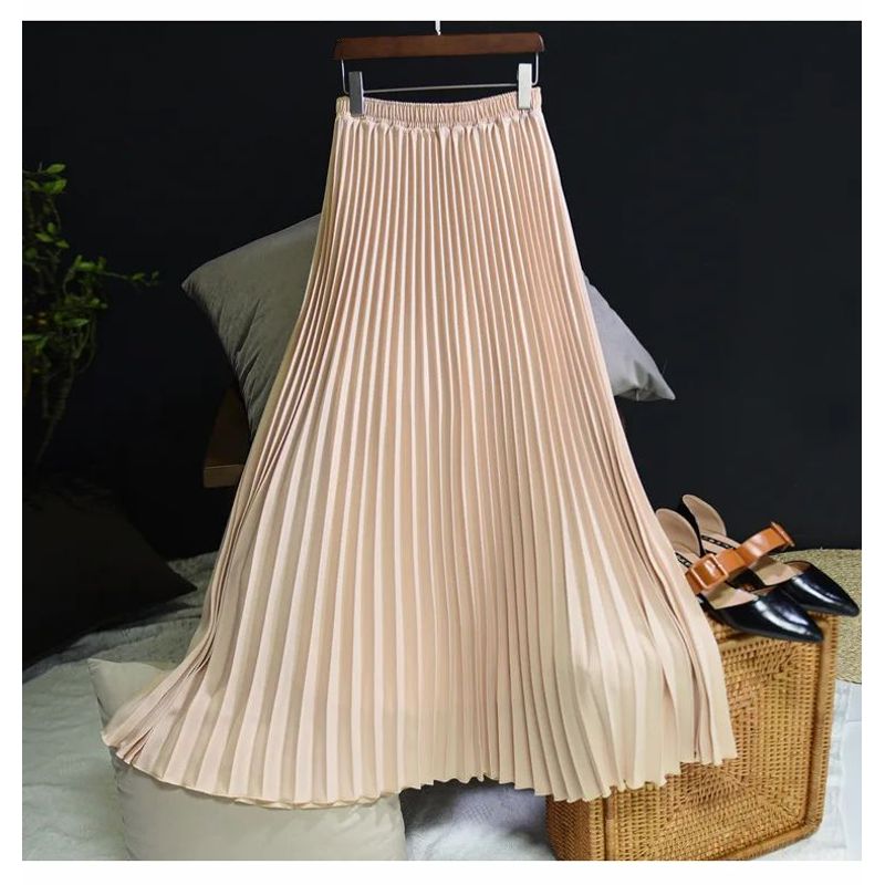 Pleated Skirt with Elastic Waistband Pleated High Waist Half-Length Female Elastic Waist Skirt