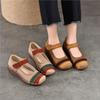 Johnature Retro Round Toe Genuine Leather Women's Shoes Cowhide Soft Sole Mixed Colors Wedge Heel Shoes