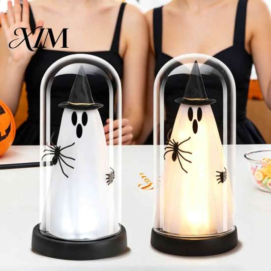 Reusable Festive Ornament Indoor Light Up Ghost In Dome Cloche, Halloween Cute Witch Decorative Spooky Desktop Table Lamp with LED for Home