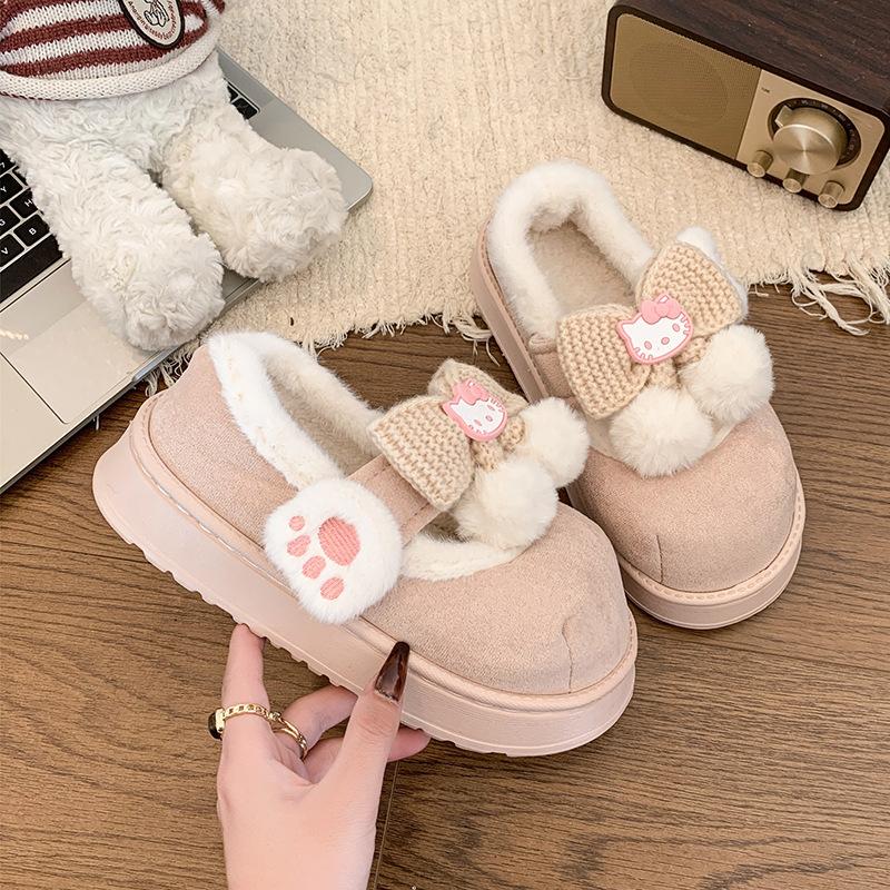Women's Baotou plush slippers cartoon padded warm winter thick bottom heightened home slippers casual walking indoor shoes snow cotton slippers