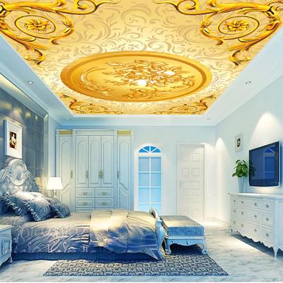 Papel de Parede com Padrão Europeu 3D Estilo Palácio Europeu Dourado Murais de Parede Papel de Parede para Fundo de Teto Suspenso