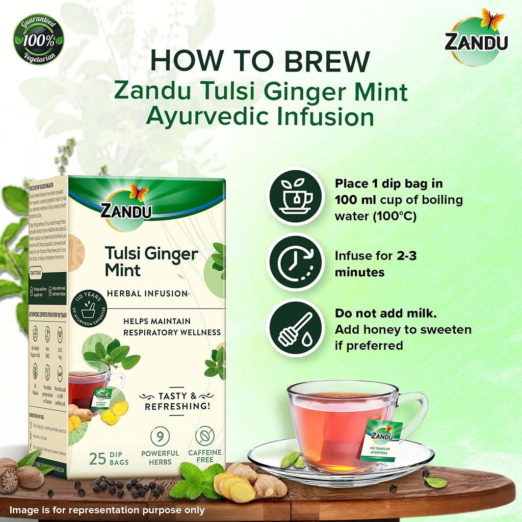 Zandu Tulsi Ginger Mint Herbal Infusion Tea  25 Tea Bags X  Pack of 2 – Refreshing Ayurvedic Wellness Drink