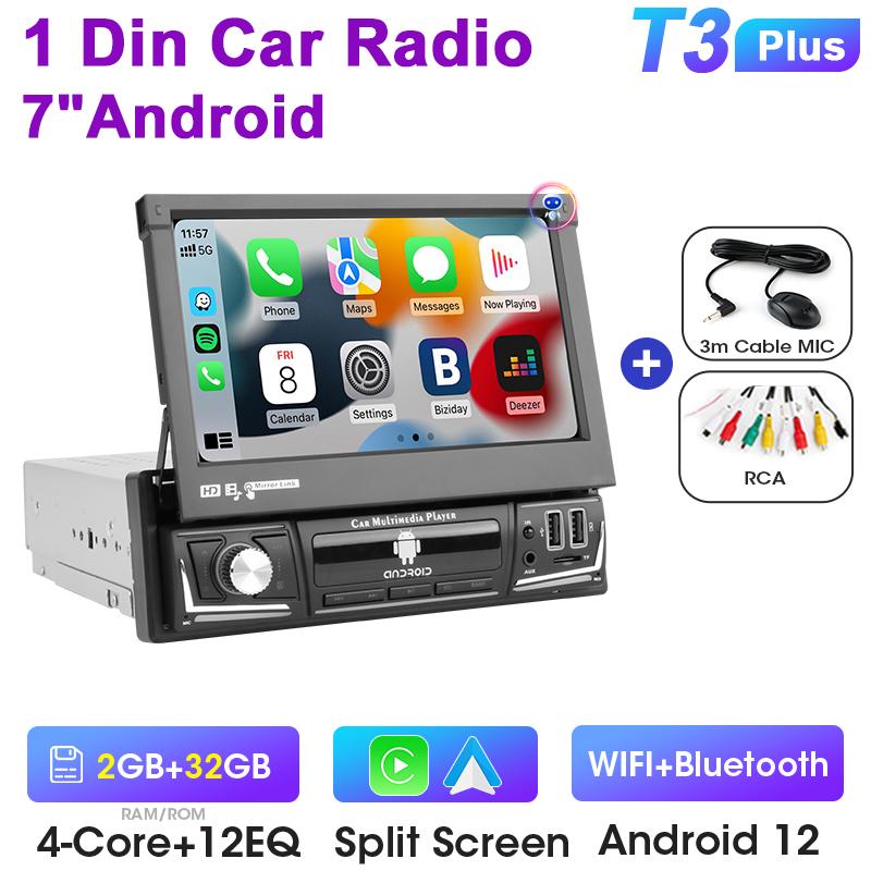 1 Din 7" Universal Car Radio Retractable Touch Screen Android 12 Multimedia Video Player Navigation GPS 4G Wireless Carplay Auto