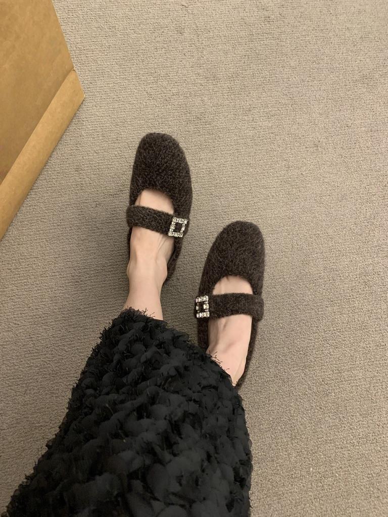One-word Leopard Print Velvet Thermal Cotton Shoes Women's Winter Mary Jane Fluffy Shoes Retro Flat Birkenstocks