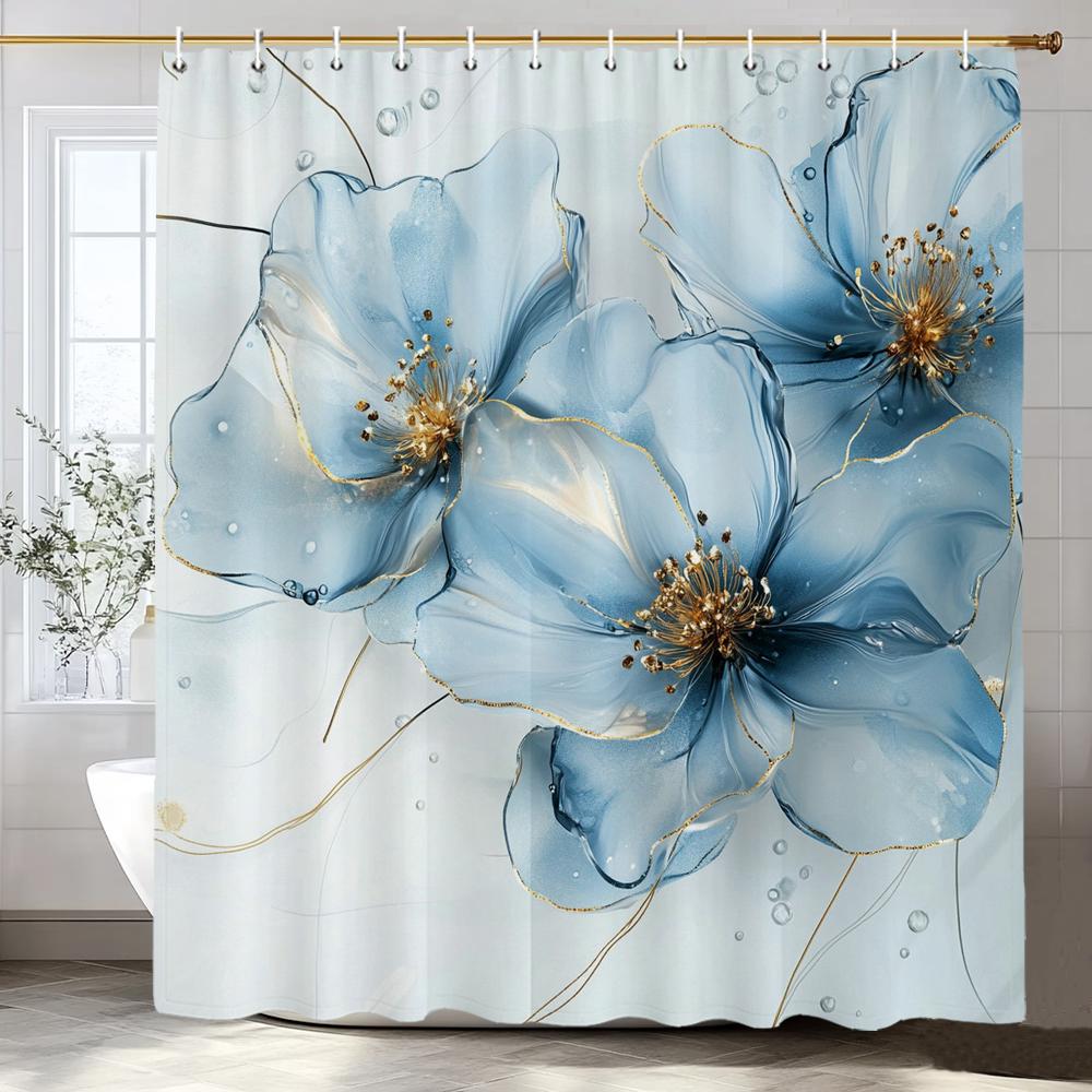 Beautiful Blue Flowers Shower Curtain, Floral Art Bathroom Decorative Shower Curtain, Print Polyester Fabric Curtain with Hooks
