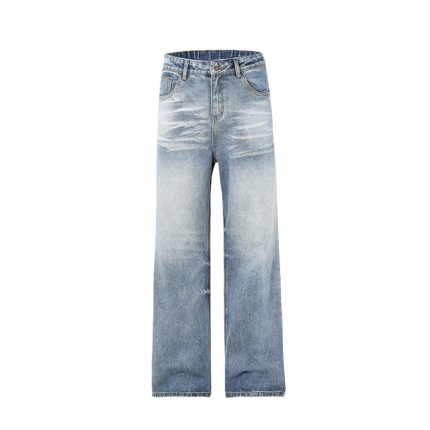 Weft Men's Blue American Street Light-Flare Straight Jeans Slim Loose Wash Cat Whisker Niche Flared Pants Cm
