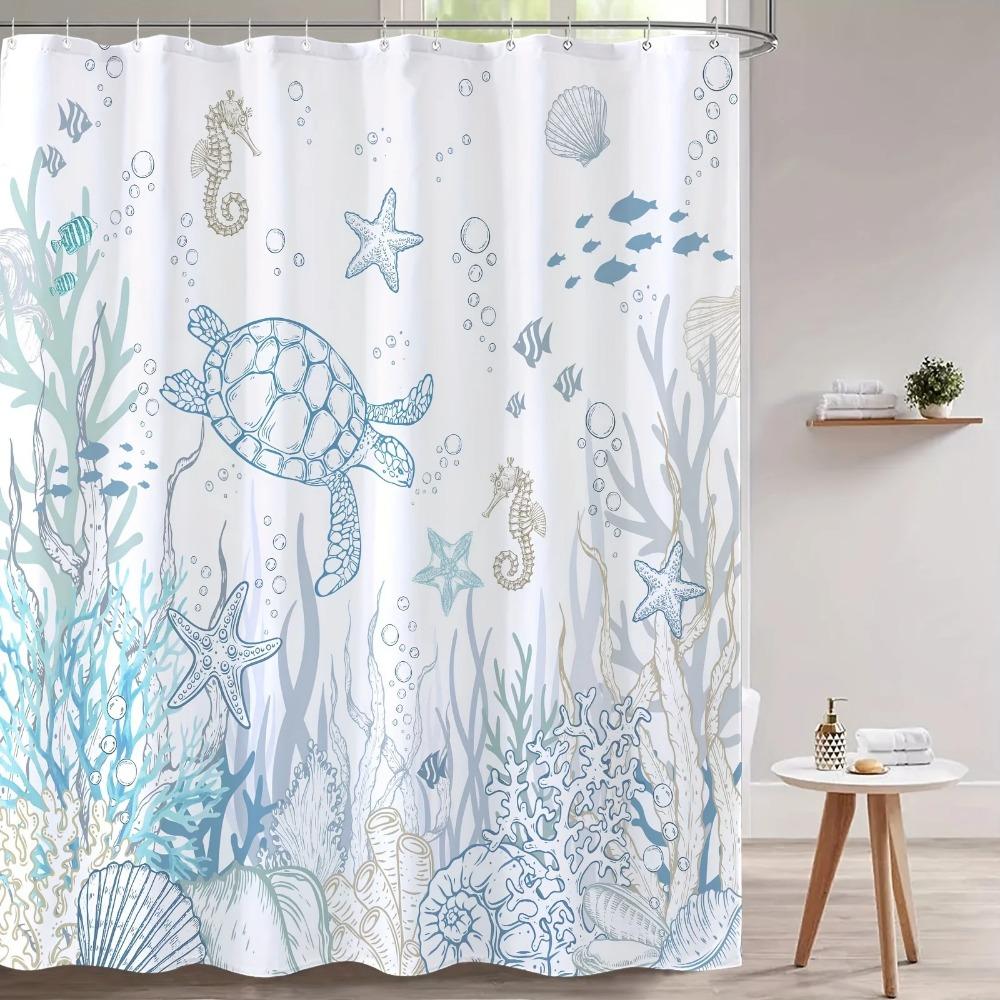 1pc Nautical Coastal Turtle Shower Curtain - Ocean Themed with Coral, Starfish & Seahorse, 12 Hooks, Bathroom Decor