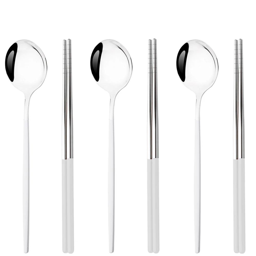 6Pcs High Quality Dinnerware Set Stainless Steel Flatware Set Mirror Kitchen Tableware Gold Dinner Spoon Chopsticks Cutlery Set