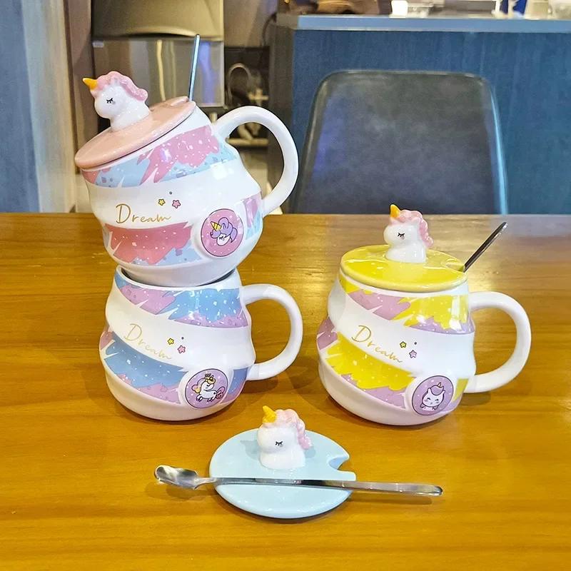 Creative Unicorn Ceramic Mug,Cartoon Covered Spoon Coffee Mugs,Cute Couple Water Cup, Breakfast Milk Cups, Birthday Gift Tea Cup