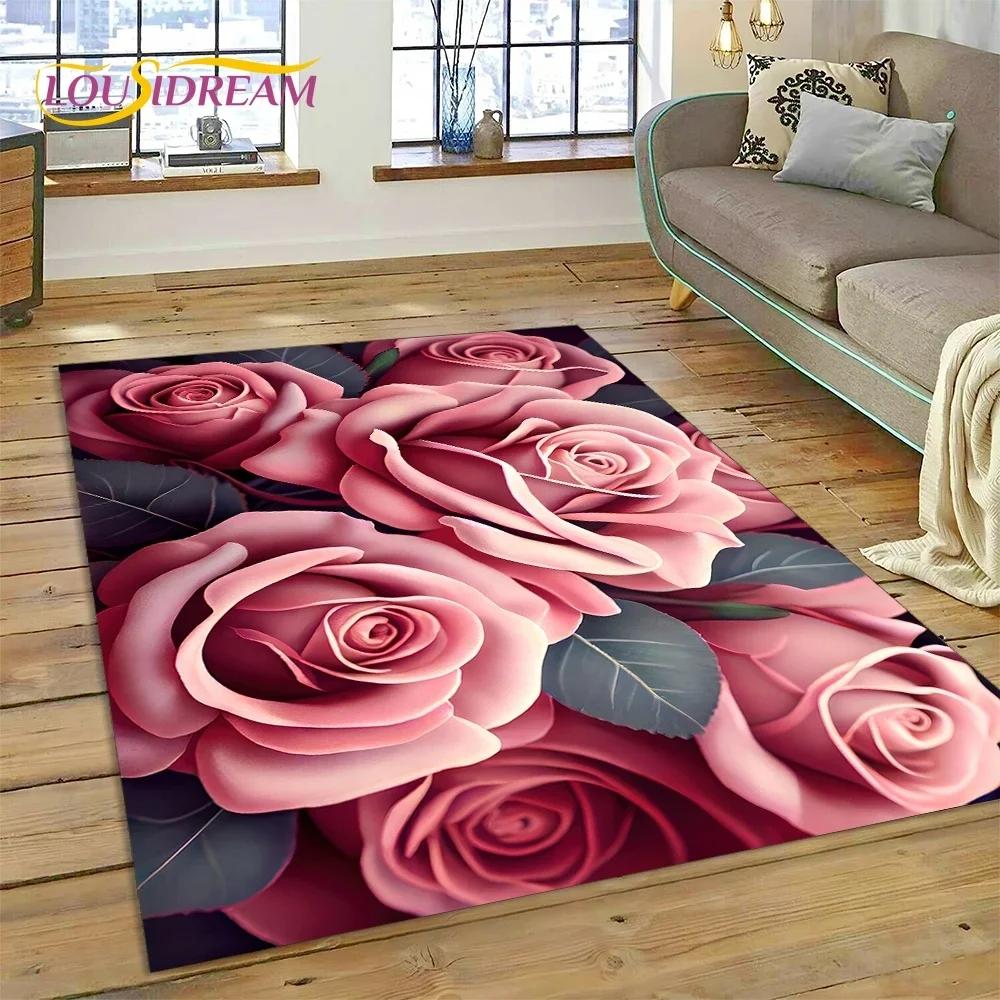 Rose Flowers Nordic Love Romantic Carpet Rug for Bedroom Living Room Home Sofa Decoration,Children Game Large Decor Floor Mat