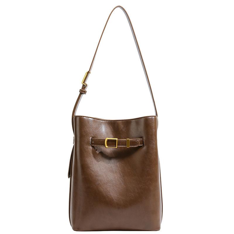 2023 Fashionable Simple Commuter Light Luxury Bag Buckle Shoulder Crossbody Bag Black Coffee Color City Simple Pu Bucket Bag