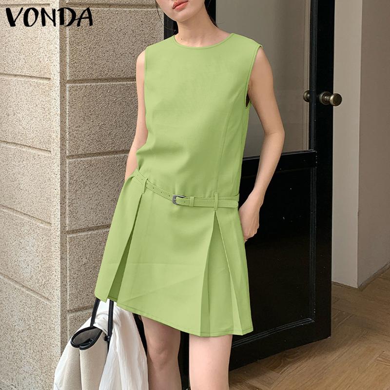VONDA Women Elegant Round Neck Sleeveless Solid Casual Pleated Dress No Belt