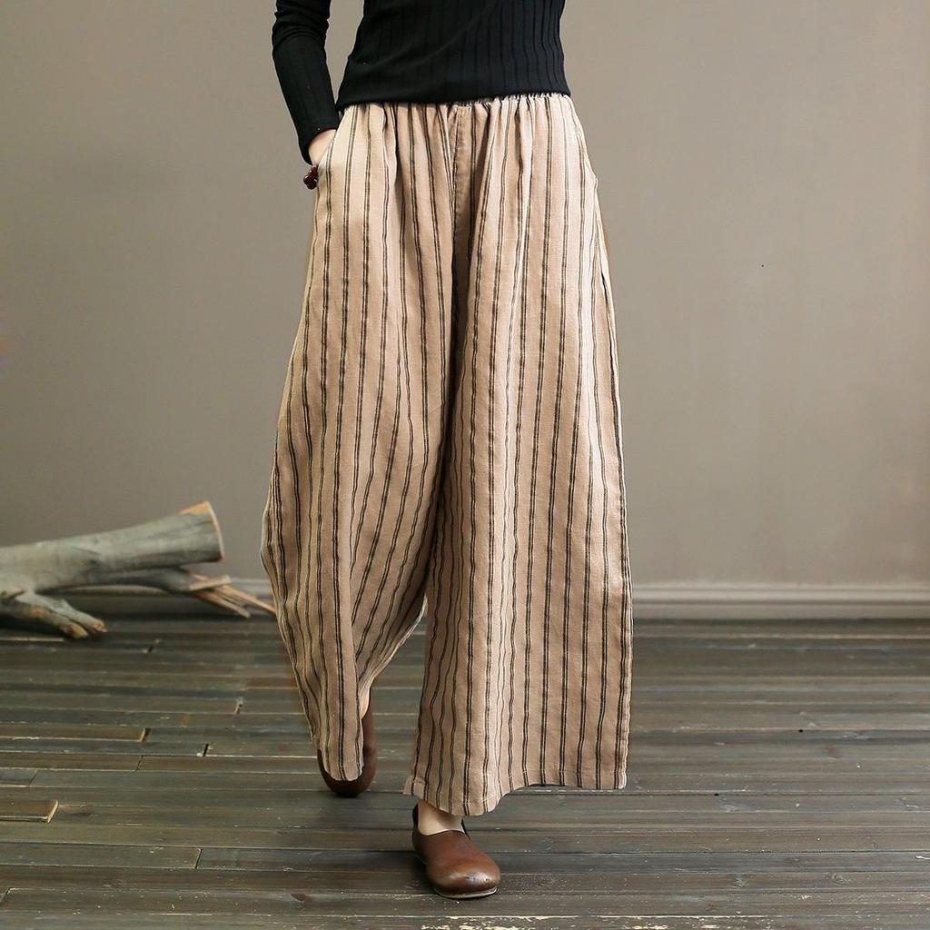 Striped Wide-leg Pants Women's Slimming Casual Straight Leg Nine-point Pants Summer