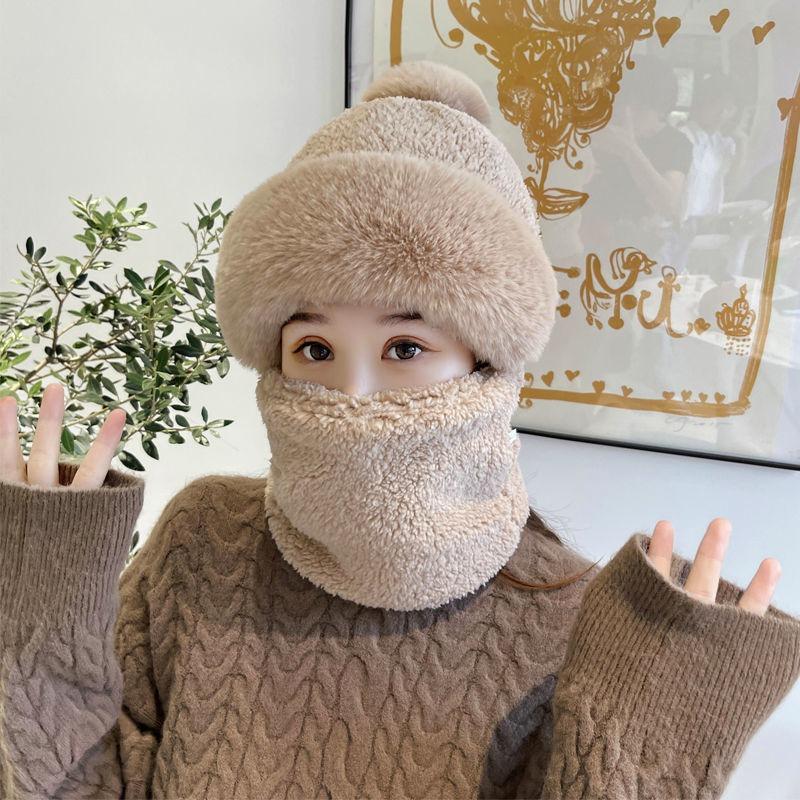 Winter Windproof Cap Outdoor Cycling Velvet Warm Ear Protection Headgear Hat Cold-proof Scarf Integrated Hairball Cap