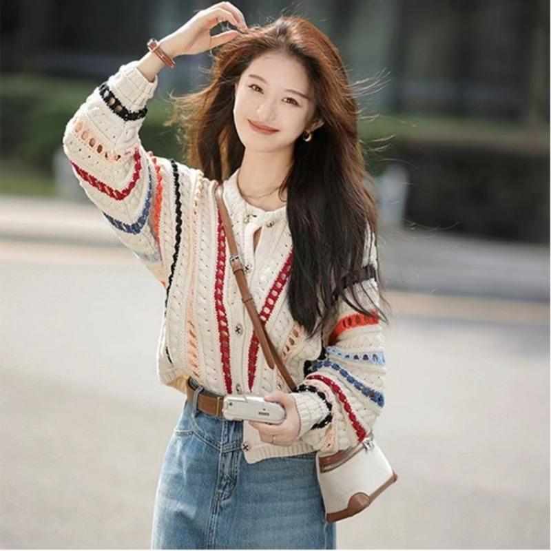 2025 New Rainbow Color Cardigan Women Sweater Autumn Sweet Fashion Elegant O Neck Knit Coats Hollow Crochet Casual Loose Long Sleeve Jacket Clothing