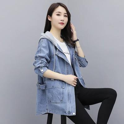 Trench da donna casual di mezza lunghezza con coulisse primaverile/autunnale con ampie tasche e giacca di jeans con cappuccio