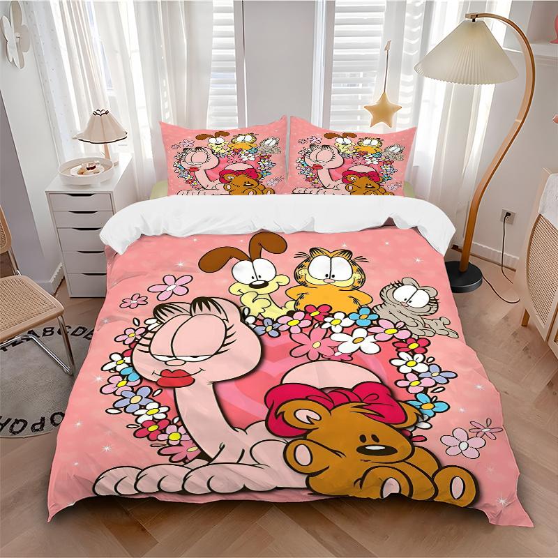 3pcs Garfield and Friends Quilt Set Cartoon Themed Bed Quilt Set Lovely Character Bedroom Decor Bed Quilt Set Four Seasons (1 Cover + 2Pillowcase