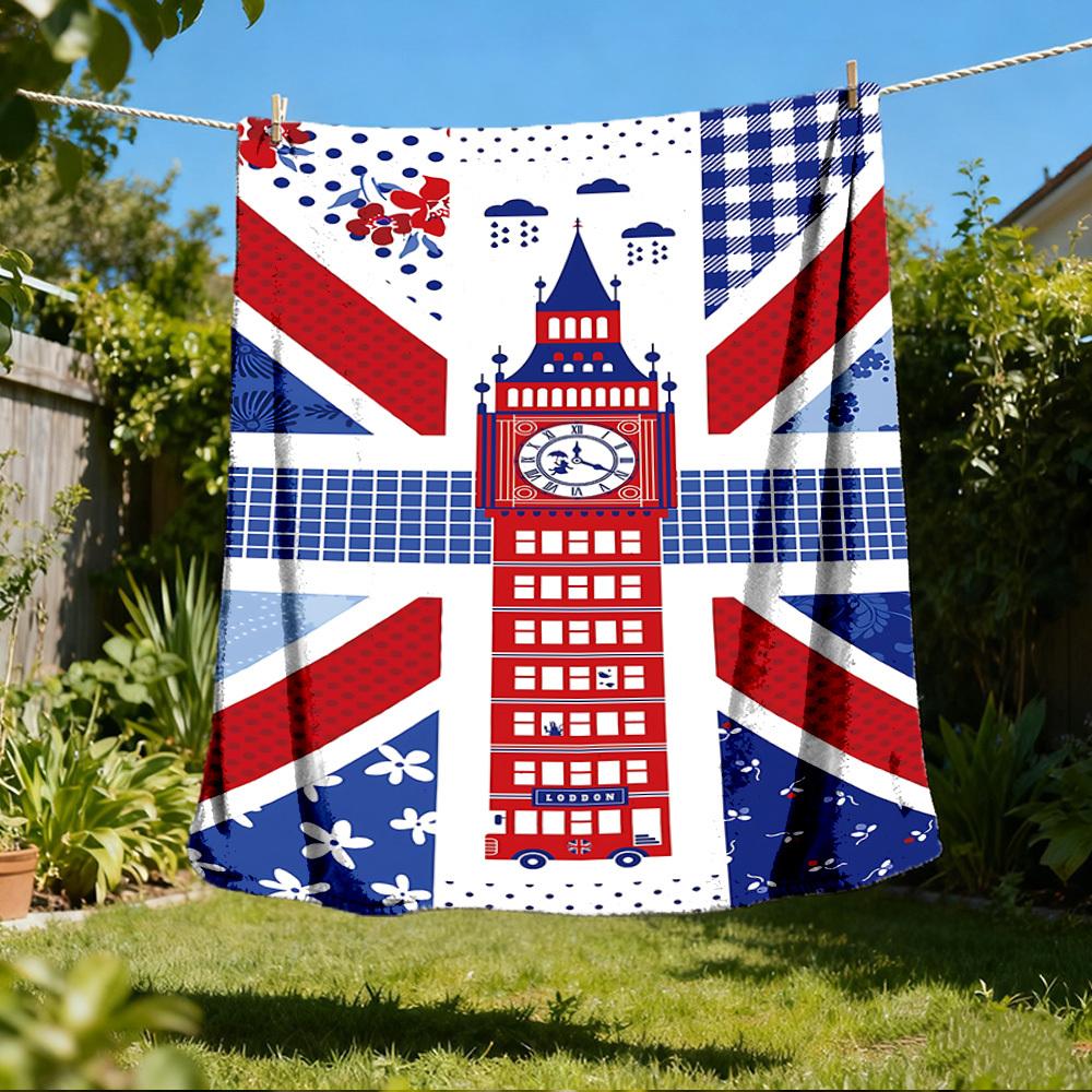 1pc Union Jack, Big Ben Outdoor Flannel Blanket for Girls Soft, Lightweight Throw Perfect for Camping, and Gifting, Digital