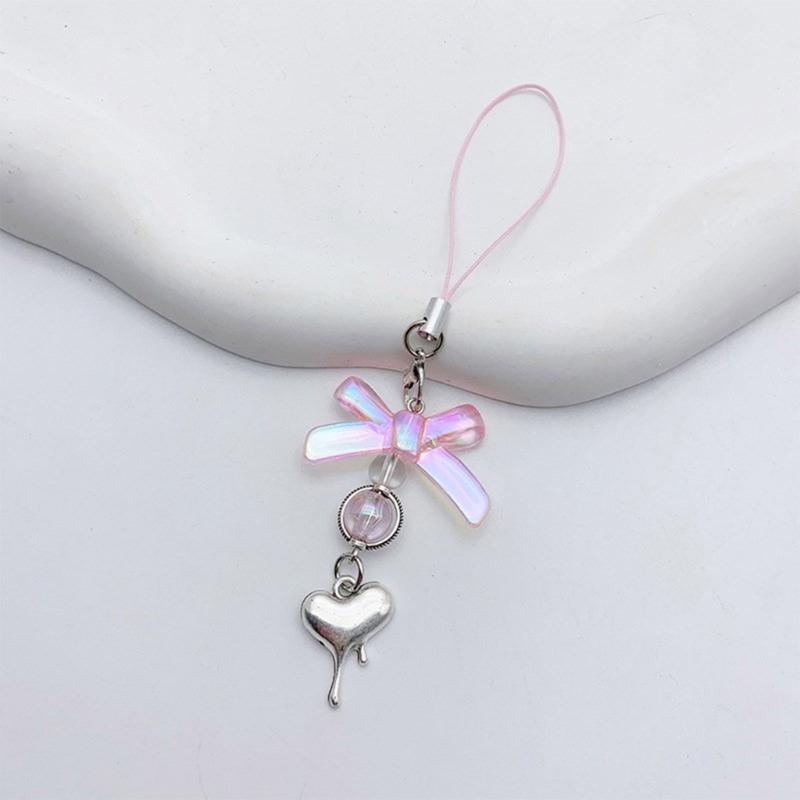 Bowknot Heart Pendant Cellphone Strap Phone Chain Detachable Beaded Phone Lanyard Handmade Keychains for Wallet Bag
