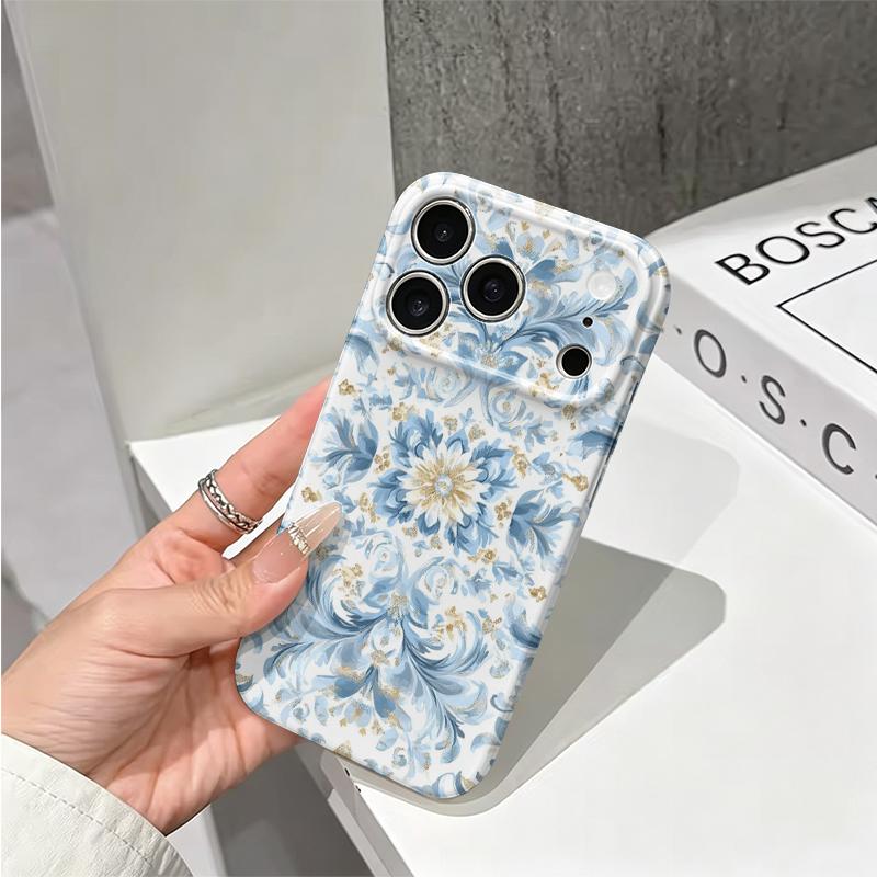 Refined Blue Gold Ornate Baroque Floral Pattern Graphic Art Film Aesthetic Protective Shockproof Bumper Case Cover For iPhone 13 14 15 16 Pro Max Plus