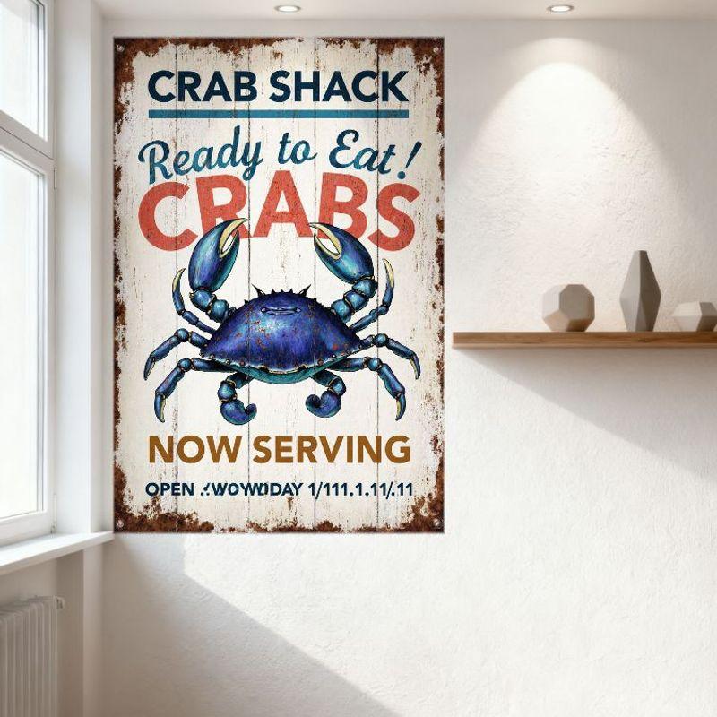 Metalowy Znak Blaszany Vintage Crab Shack, Ilustracja Niebieskiego Kraba, 'CRAB SHACK' 'CRABS' 'TERAZ SERWUJEMY' Morska Dekoracja Owoców Morza do Domu Ba