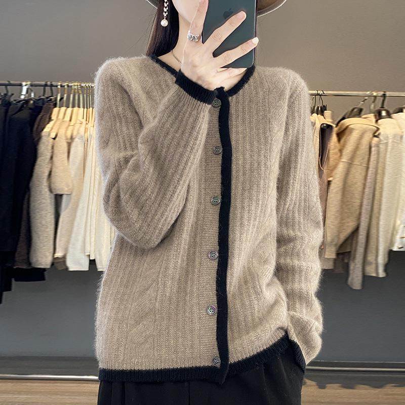 Women's 23-Color Block Round Neck Pure Wool Cardigan - Long Sleeve Knit Sweater