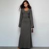 Women's U Neck Long Sleeve Maxi Dress Loose Fit Elastic Waist Fresh Sweet Ribbed Knit Flared Skirt Back Tie Casual Long Gown