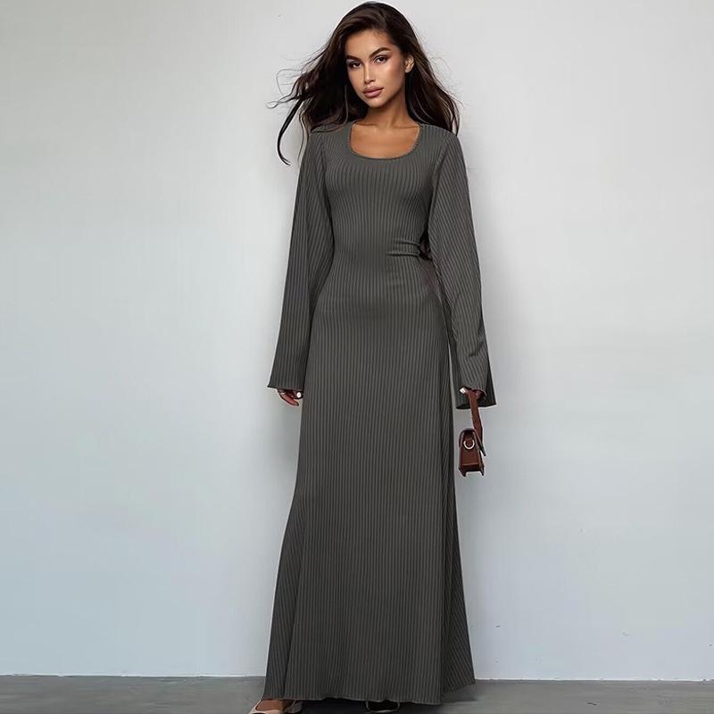 Women's U Neck Long Sleeve Maxi Dress Loose Fit Elastic Waist Fresh Sweet Ribbed Knit Flared Skirt Back Tie Casual Long Gown