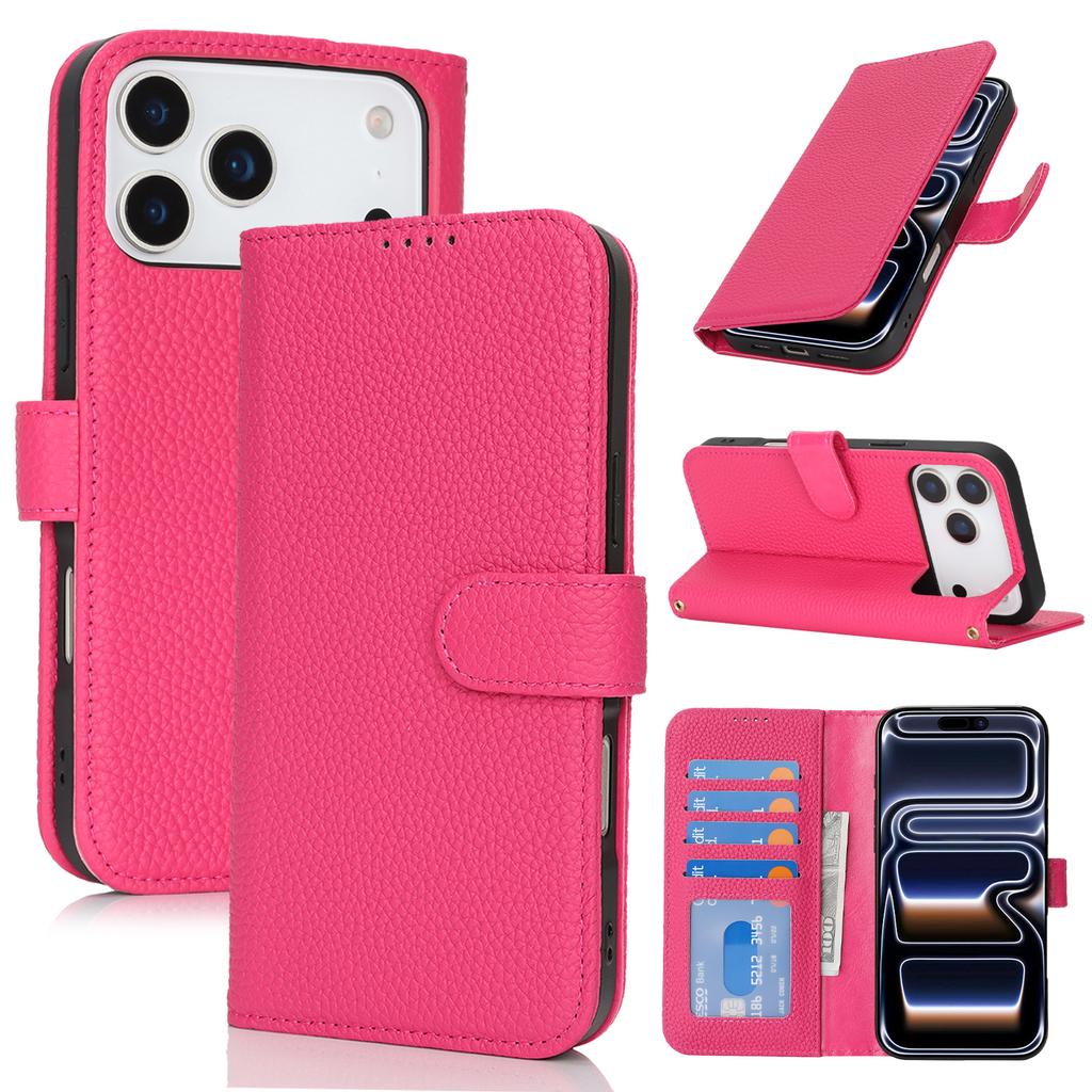 For iPhone 17 Pro Max Stand Case Litchi Texture Genuine Cow Leather Wallet Phone Cover RFID Blocking