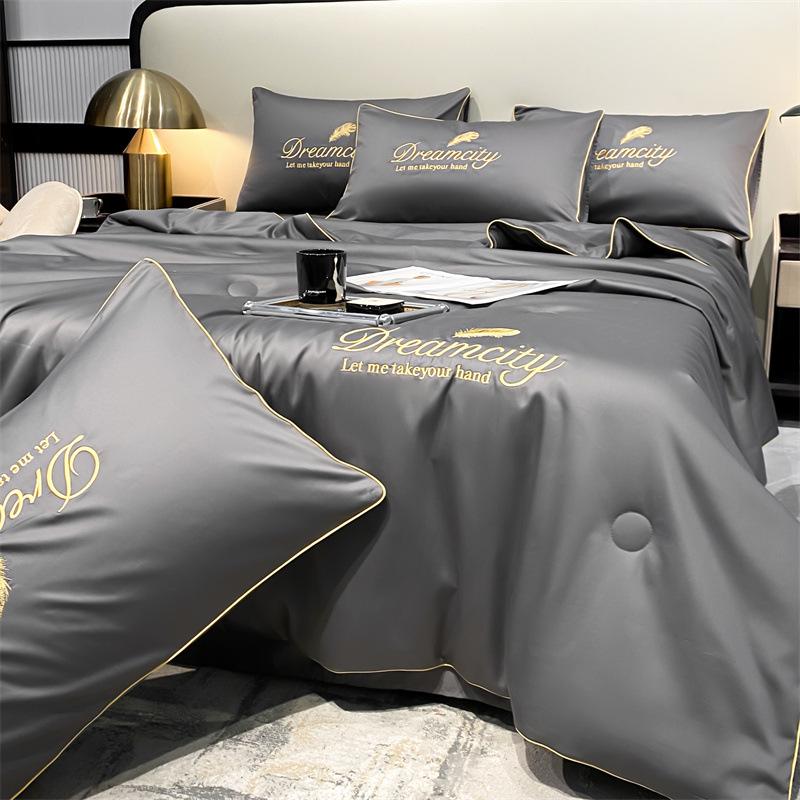 Gewaschenes Seiden-Tencel Sommer-Steppbett-Set - Besticktes Eis-Seiden-Vierteiler