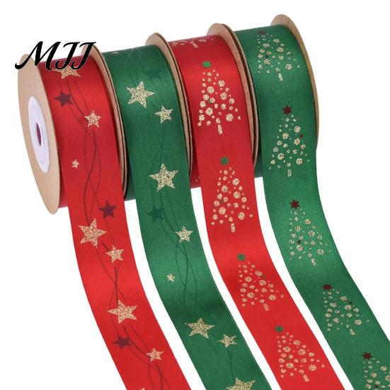 Fabric Ribbon for Party Decor Christmas Ribbon, Glitter Star & Tree Decorative Red Handmade Floral Arrangement Green Holiday Gift Wrapping,