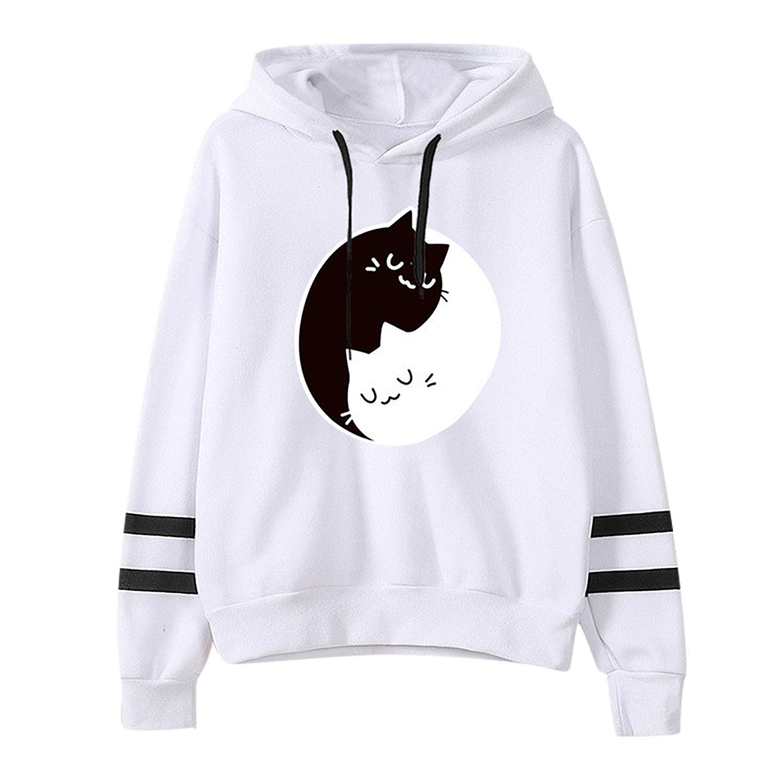 

Women s New Cat Loose Hooded Printed Pullover Long Sleeve Top S білий