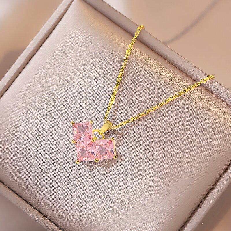 1 Pcs Women Fashion Accessories Inlaid Pink Glass Copper Pendant Necklace Hundreds of Light Luxury Style Jewelry