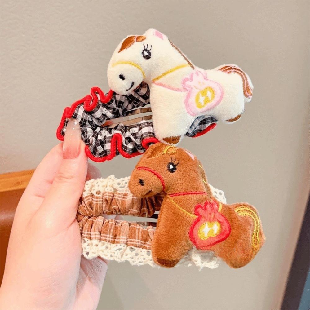 Grid Cartoon Hair Clip Large Plush Edge Clip Creative Horse Hairpins  2026 New Year