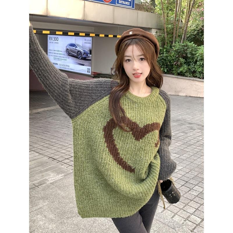

Design sense love color matching thickened sweater women s autumn and winter loose lazy style long ragged sleeves knitted sweater top one size fits all