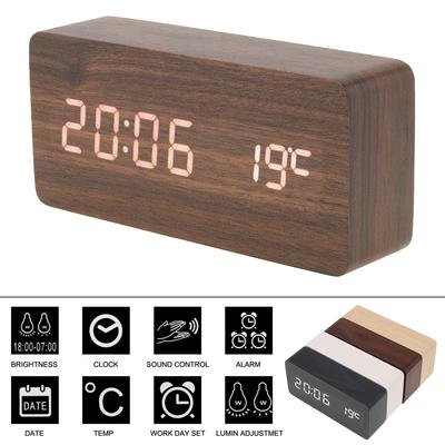 Despertador de madeira LED com controle de voz, hora, data e temperatura, digital, retangular de bambu, mesa, despertador
