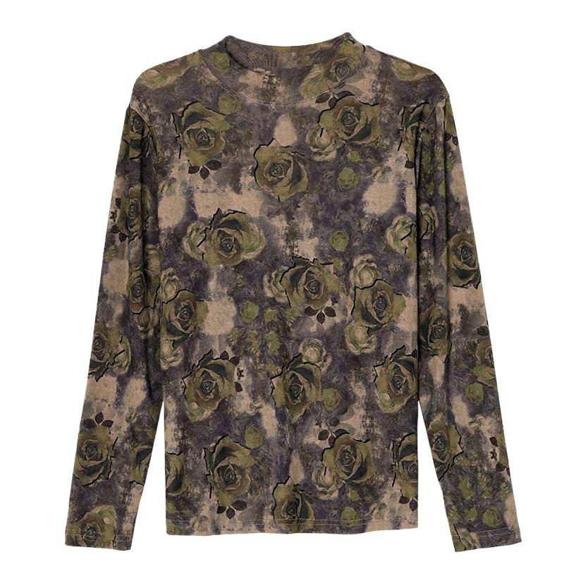 Velvet Printed Base Blouse for Women In Winter Latest Long-sleeved Top Pullover Versatile Mother T-shirt Blouse