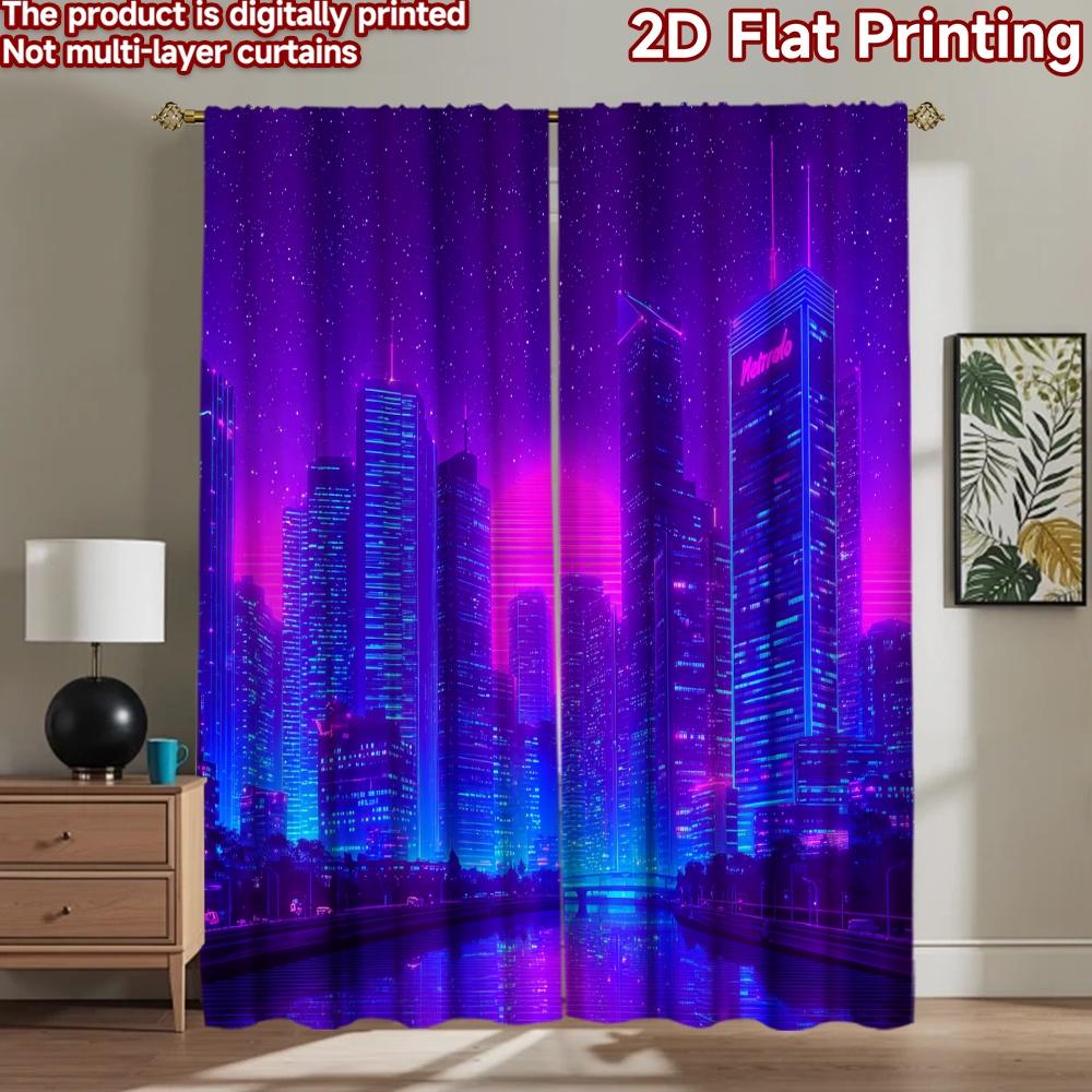 2D flat printing 2pcs Drapes Cyberpunk Cityscape Neon Glow Digital Printed Polyester Drapes Festive Wall Decor for Booths Studio