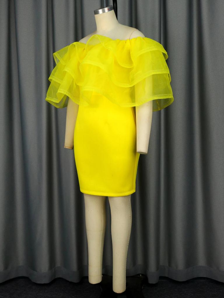 AOMEI Off Shoulder Party Dresses Yellow Sheer Tulle Ruffles Sexy Bodycon Mini Evening Cocktail Gowns for Women