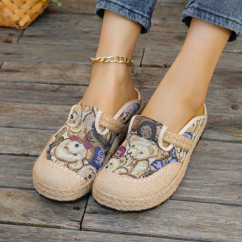 Women's Embroidered Linen Flats, Low Cut Casual Ethnic Style Summer Shoes