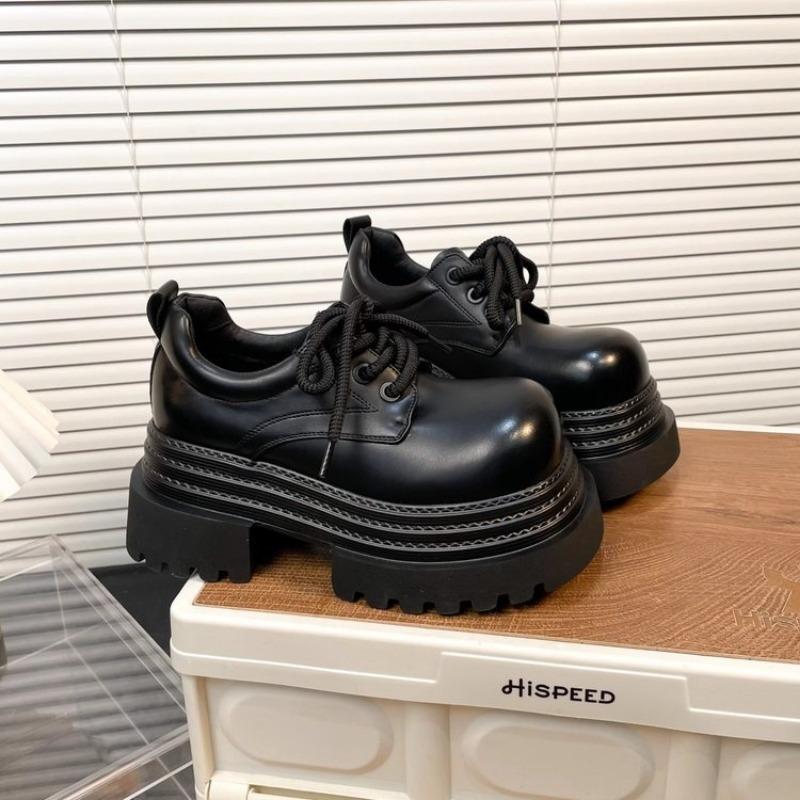 Thick-soled big-headed small leather shoes for women's autumn and winter new lace-up derby shoes, small people increase in height