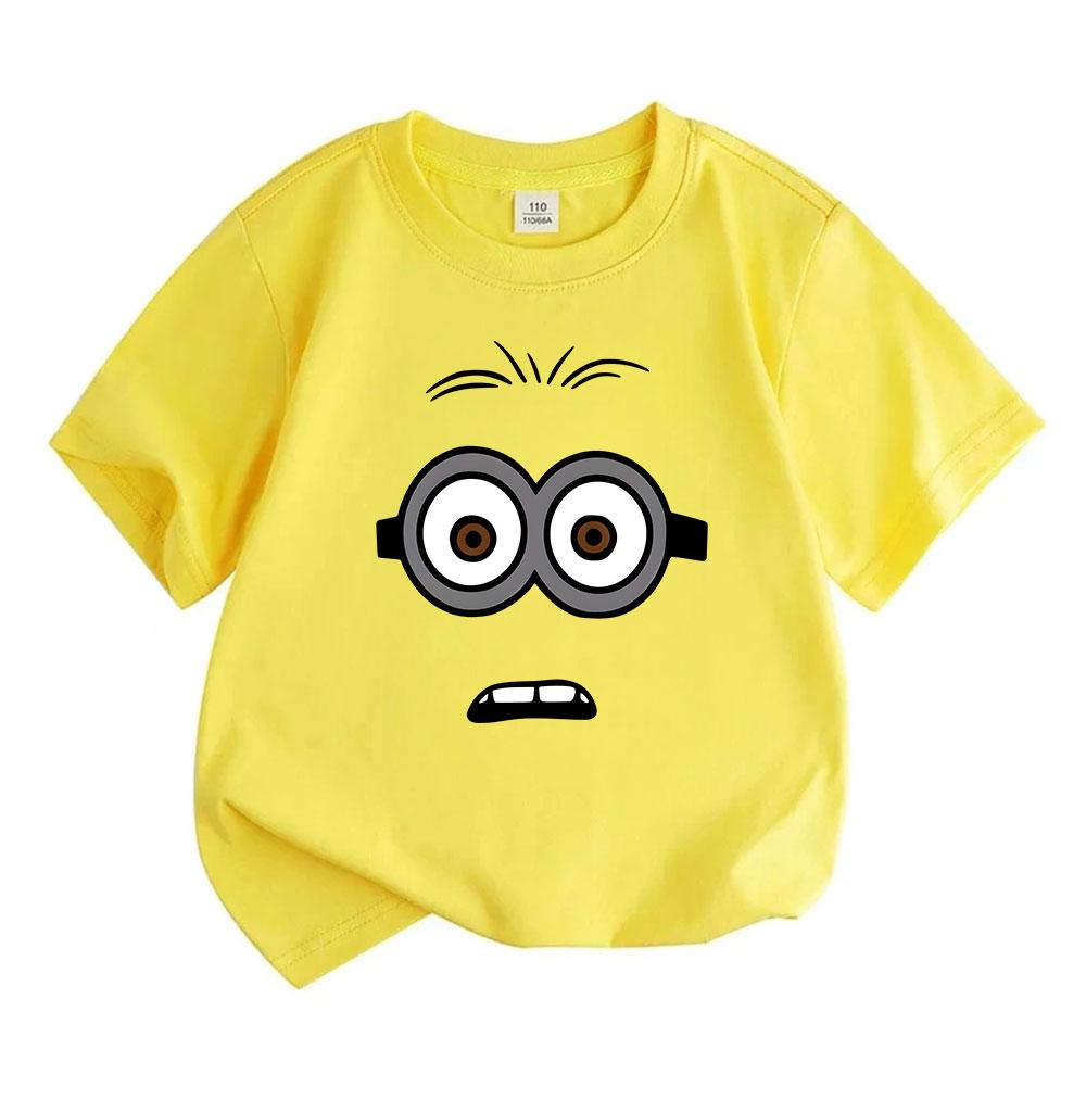Kids Boys Girls 100% Cotton Crew Neck Short Sleeve T-Shirt Cute Surprised Cartoon Minion Face Print Casual Comfortable Lightweight Tee for Daily Wear