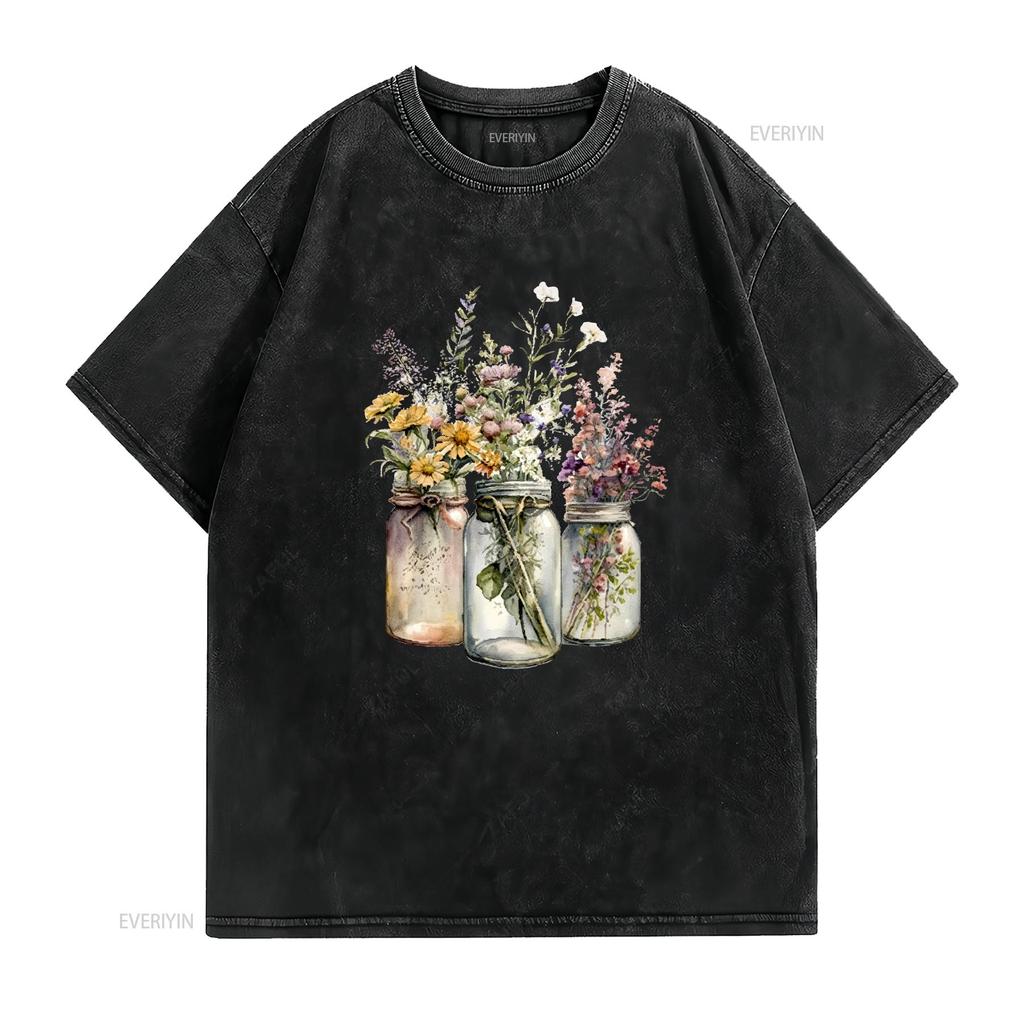Mason Jar Wildflowers 5 Different Designs Ladies T Shirt Small 2xl 4 Colours Vintage Washed Casual Breathable Slightly Homme